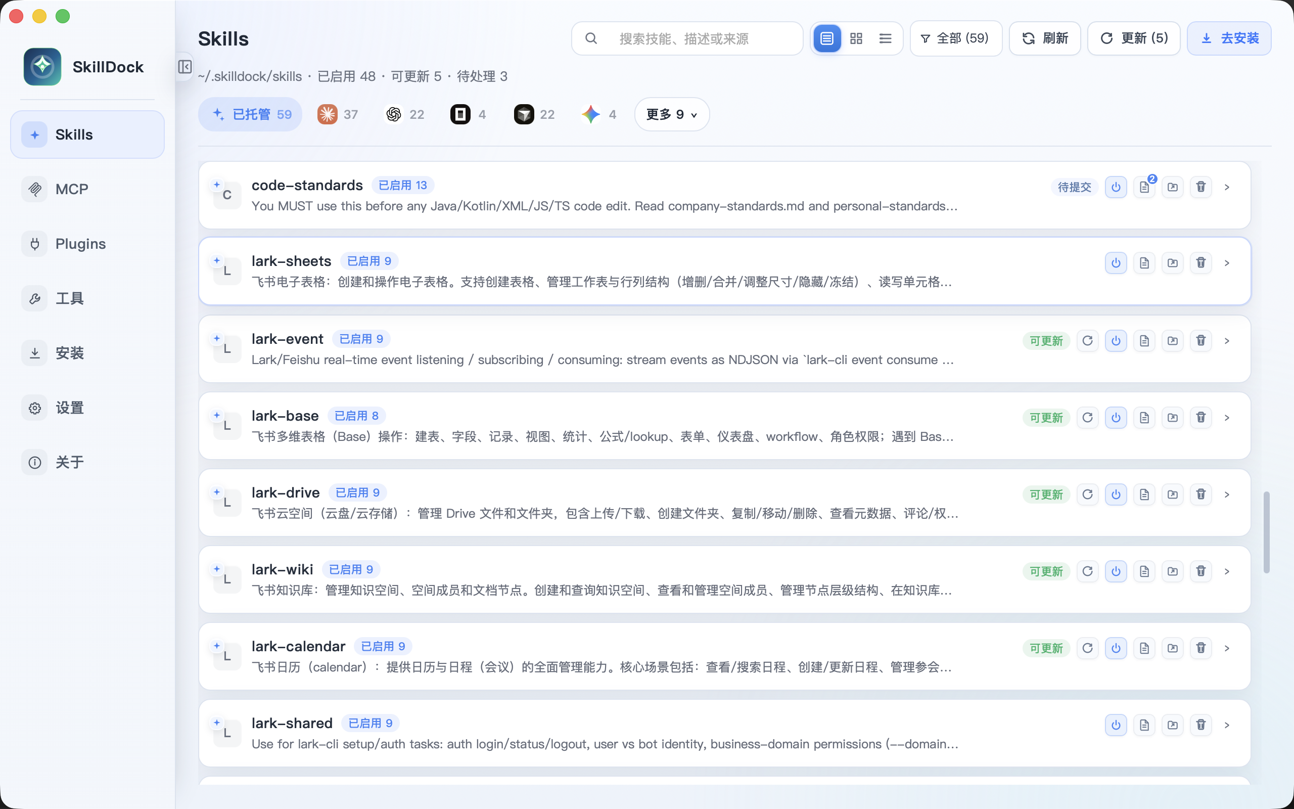 SkillDock Skills 管理:列表视图中的启用状态与待更新项