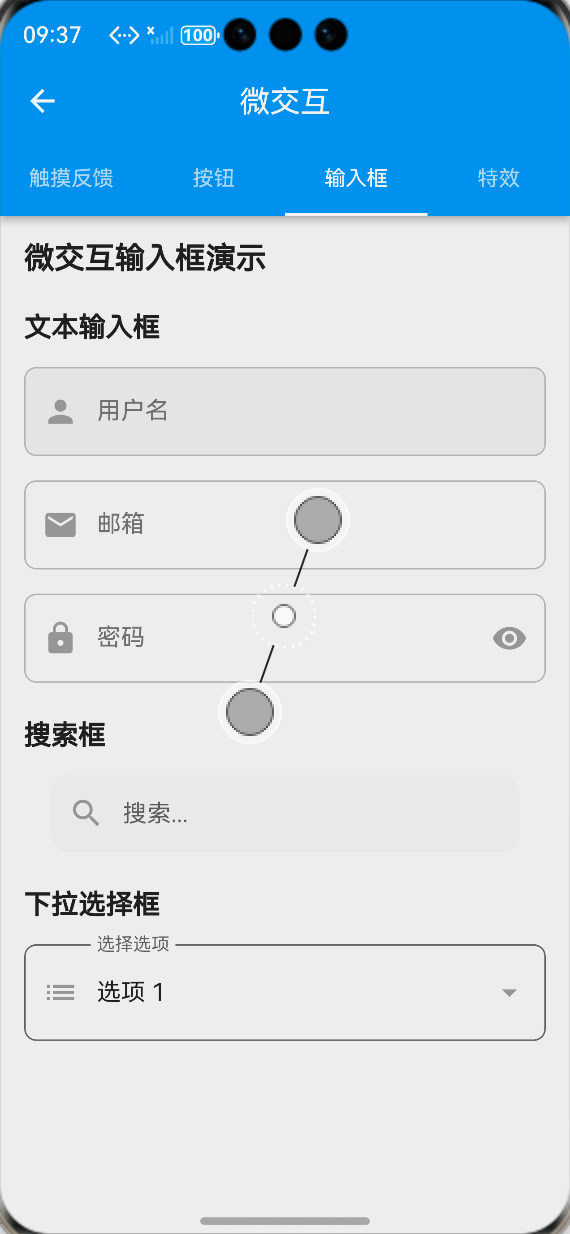 微交互输入框展示页面：ALT标签：Flutter 鸿蒙化应用微交互输入框展示页面效果图