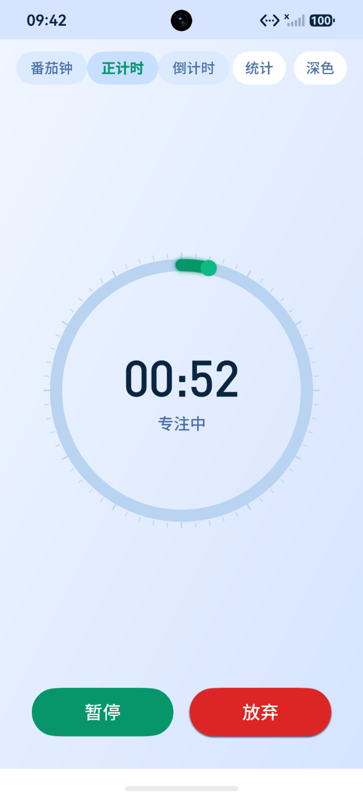 专注中阶段:番茄钟专注倒计时(00:52,专注任务 0/1,暂停/放弃按钮),深色模式