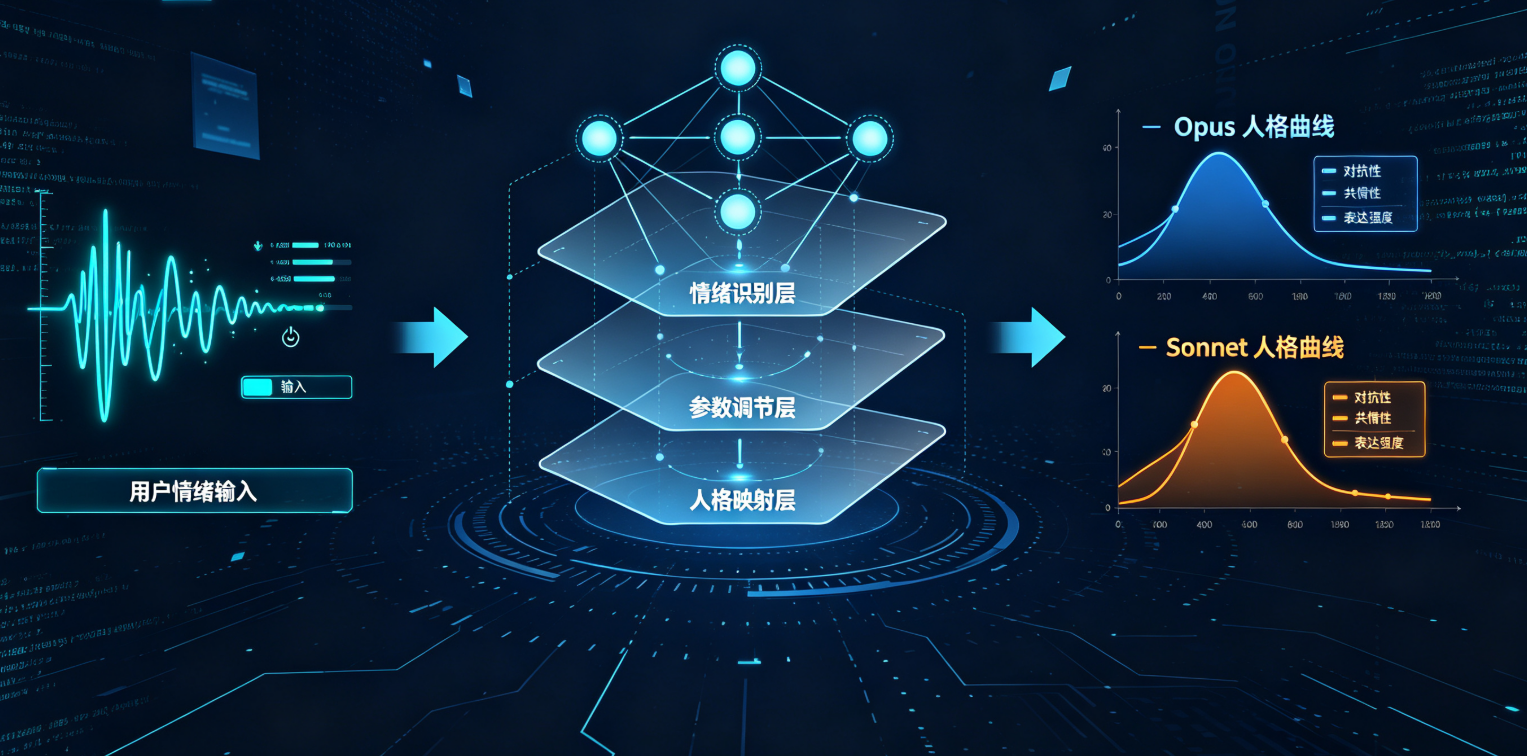 📸【配图文案】一张展示Claude人格参数调节的架构图，深蓝色背景，左侧是用户输入情绪波形，中间是一个三层的神经网络示意图，右侧输出Opus和Sonnet的不同人格曲线，代码流特效，赛博朋克风。