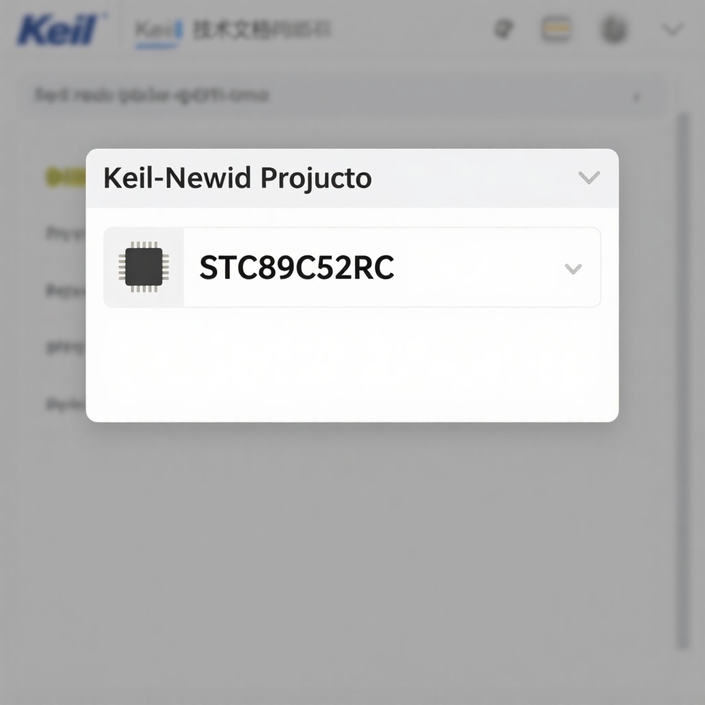 Keil 新建项目时选择芯片型号的截图（STC89C52RC 被选中）