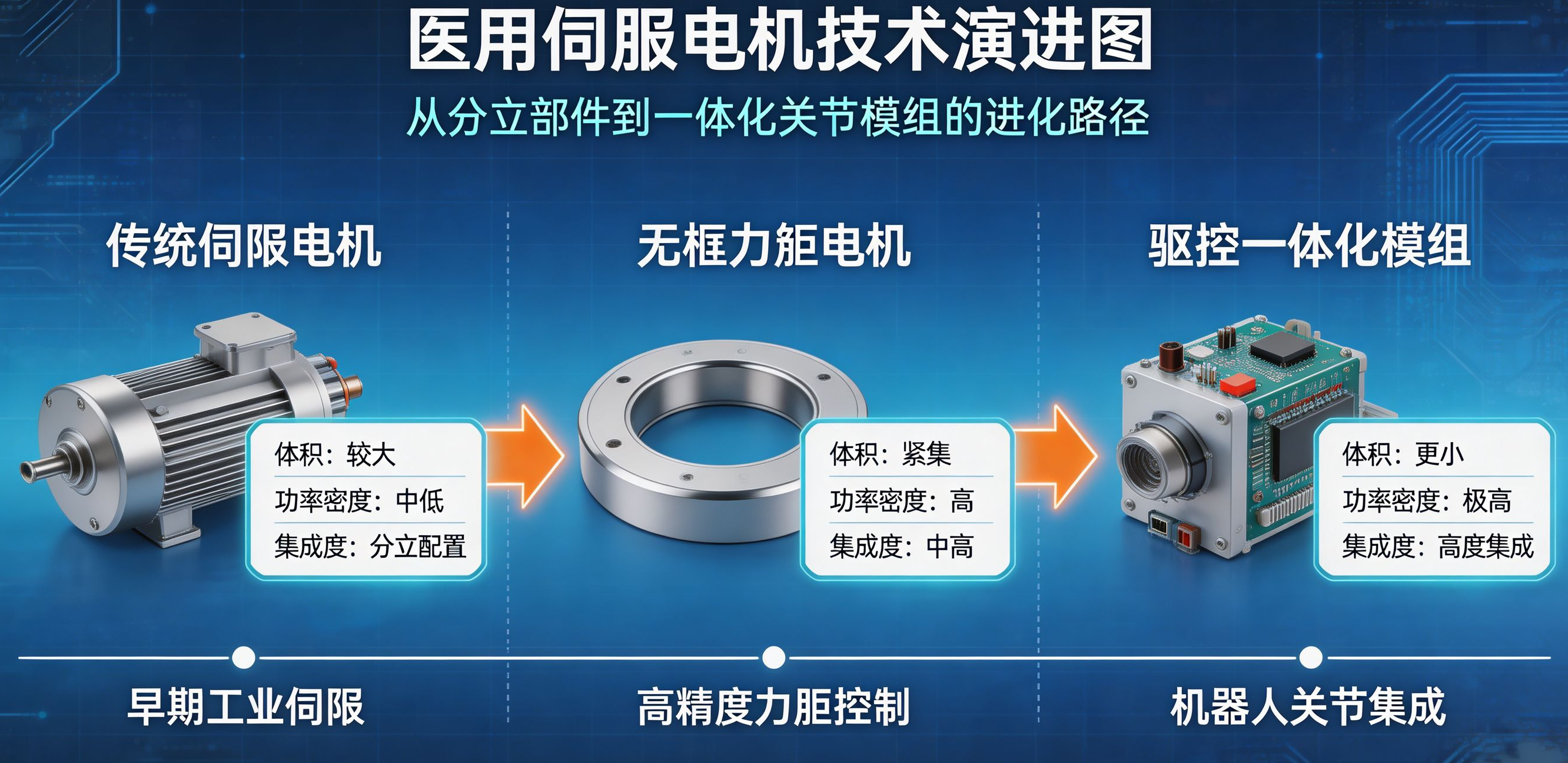 > **🖼️ 豆包配图提示词**:绘制一张医用伺服电机技术演进图,从左到右展示“传统伺服电机 → 无框力矩电机 → 驱控一体化模组”三个技术阶段,每个阶段配以产品示意图和关键参数标注(体积、功率密度、集成度),底部用时间轴标注技术节点,整体风格为科技感信息图,分辨率1920x1080。