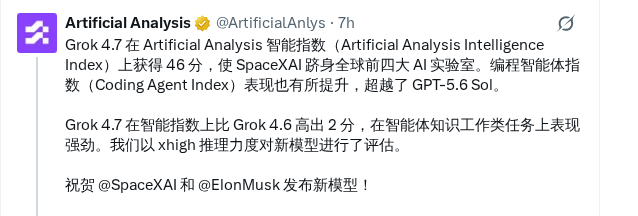 Grok 4.7 智能指数 46 分，SpaceXAI 跻身前四