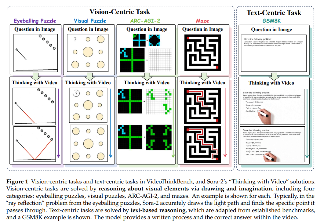 Vision-centric tasks and text-centric tasks in VideoThinkBench, and Sora-2’s “Thinking with Video” solutions.