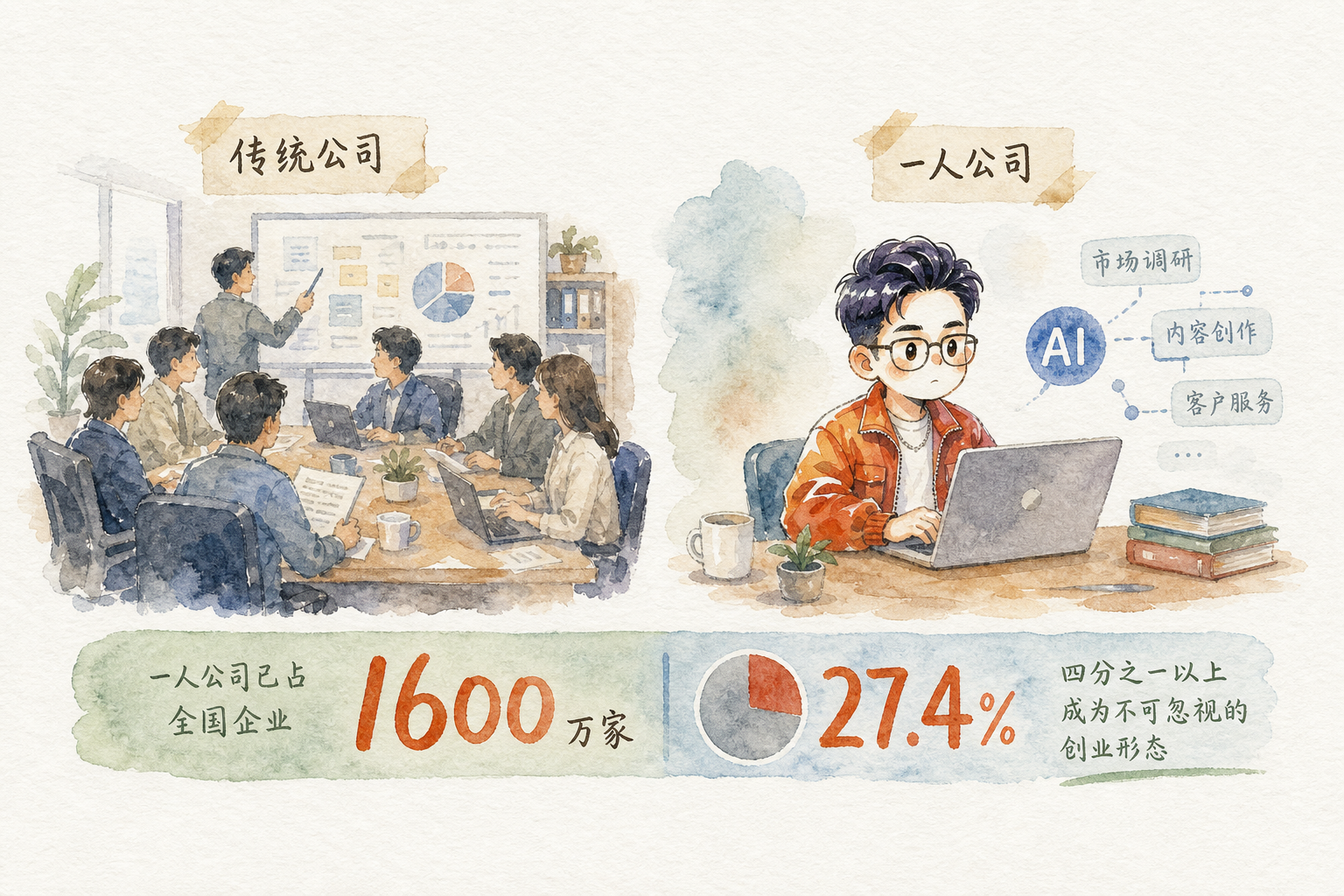 图片：一人公司与传统公司对比