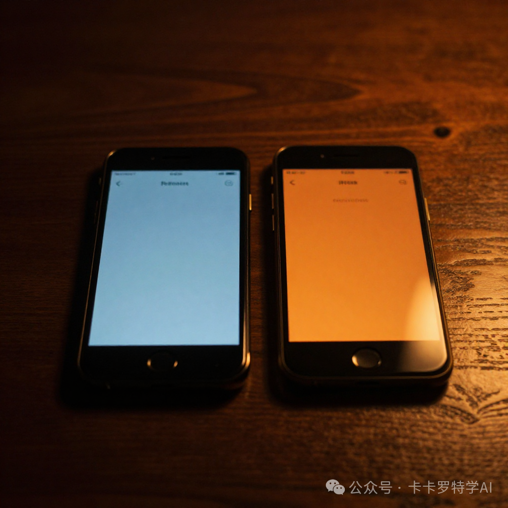 两部手机并排放在桌上，屏幕发出冷暖两种光，像是两个阵营在无声对峙