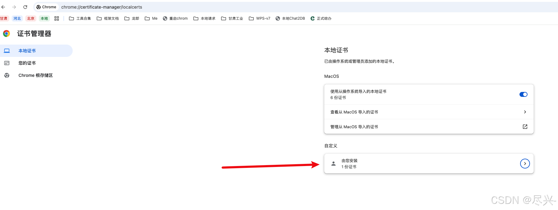 > ⚠️ 注意:Chrome for macOS 实际上**不使用独立的证书存储**,而是**依赖 macOS 系统的钥匙串(Keychain)**。因此,我们通过自定义去安装证书更为快速方便