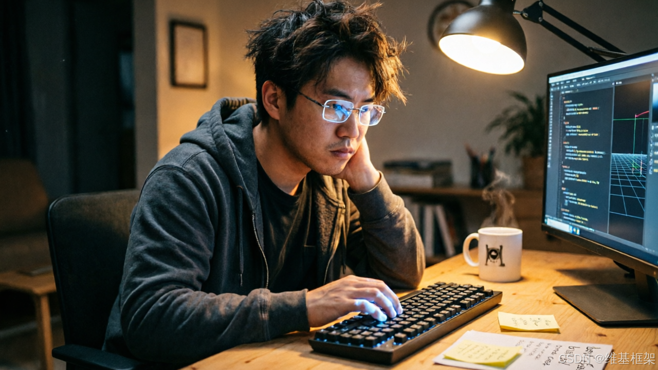 开发者深夜调试代码,屏幕荧光映照,咖啡杯在旁边