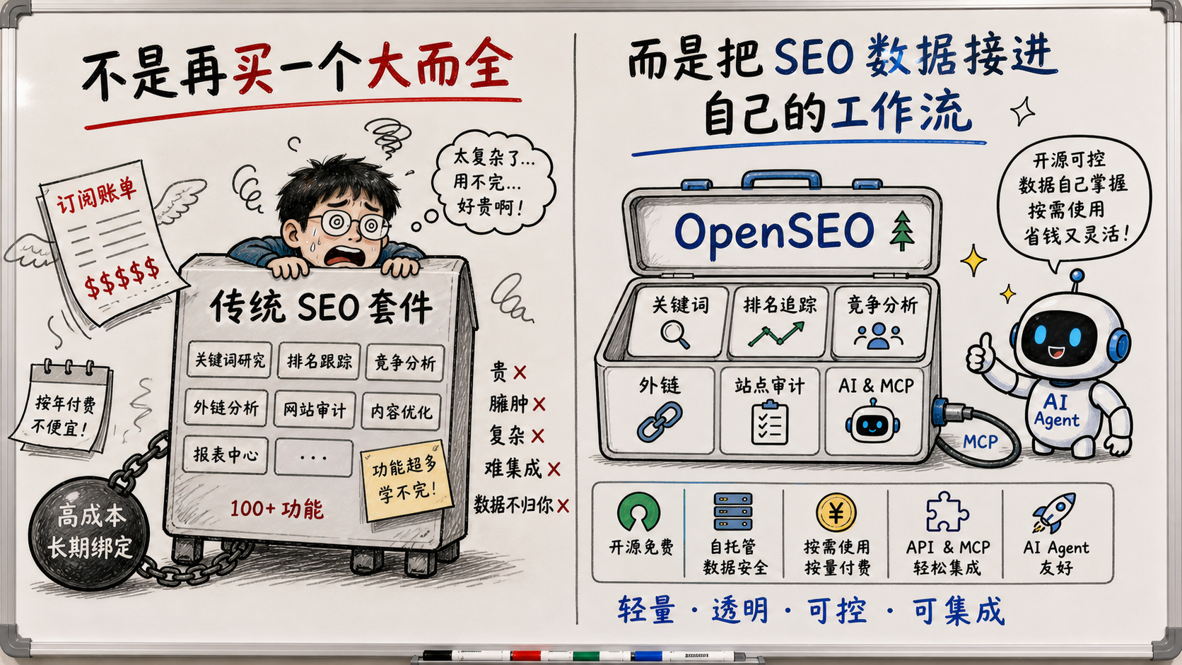 白板定位图：传统 SEO 套件 vs OpenSEO 工作流