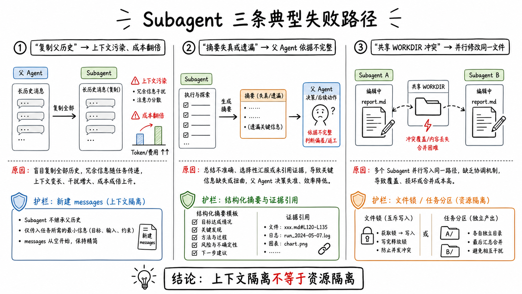 上下文泄漏、摘要失真与共享目录冲突三条失败路径