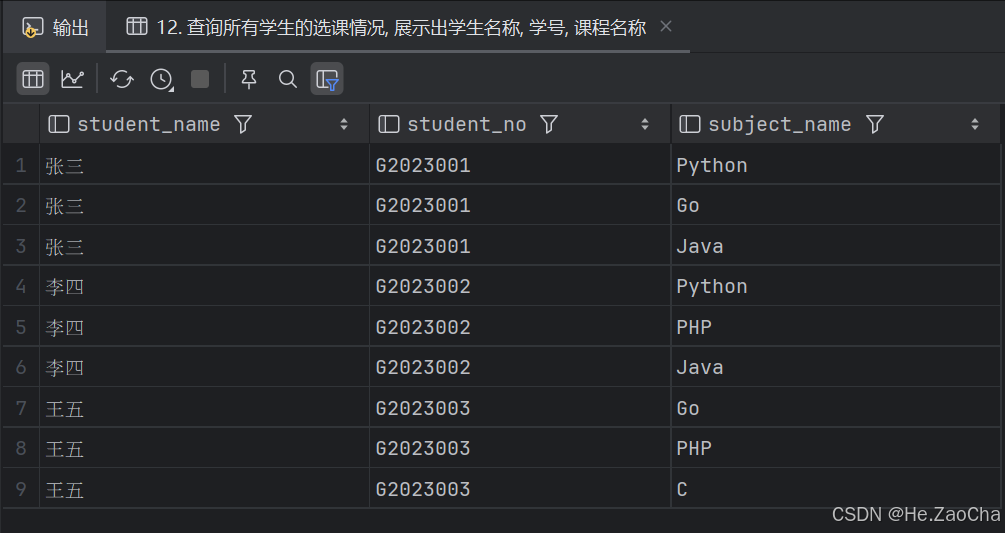 查询所有学生的选课情况, 展示出学生名称, 学号, 课程名称