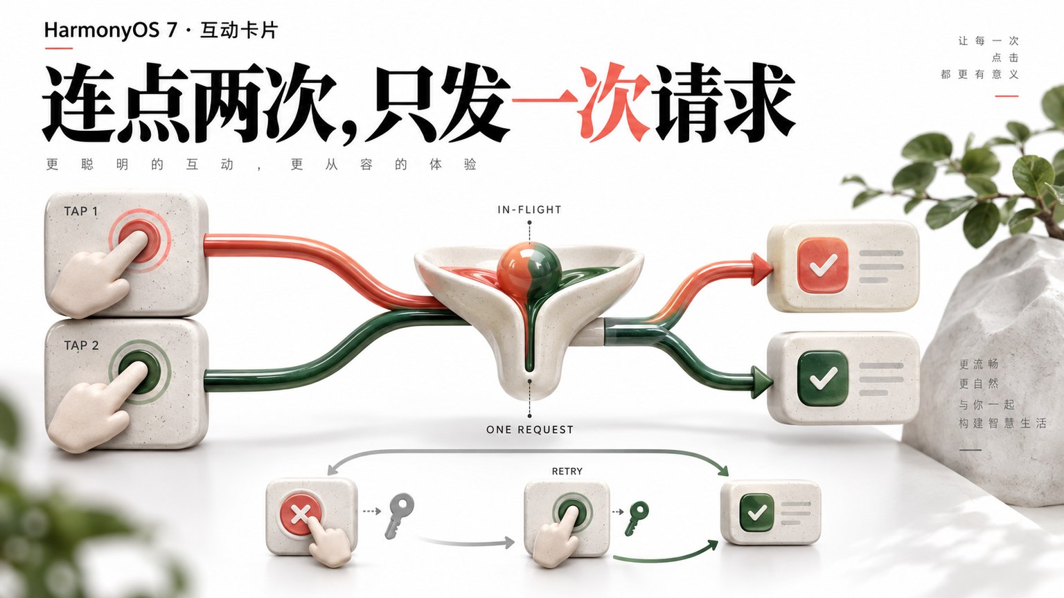 HarmonyOS 7 互动卡片重复点击：合并正在执行的请求，失败后如何允许重试