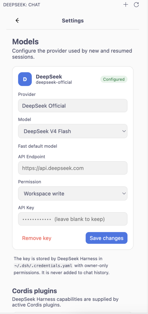 Settings 视图：配置 provider / model / API endpoint / 权限策略 / API Key