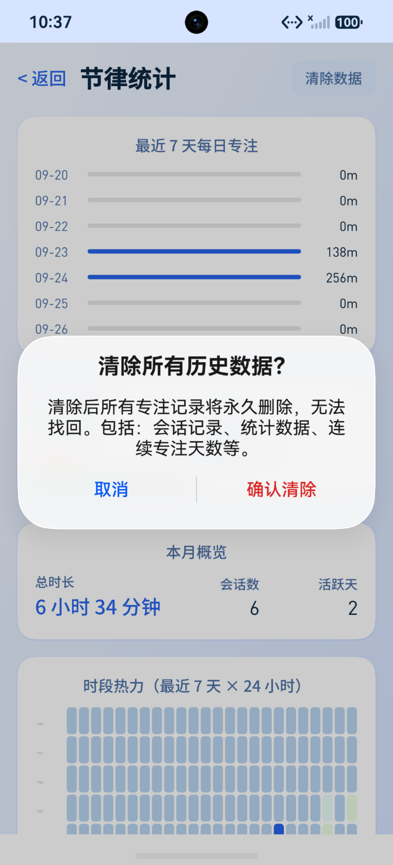 全屏计时环主界面:番茄钟倒计时(25:00 专注中,自由专注,专注任务 +4,开始按钮),浅色模式