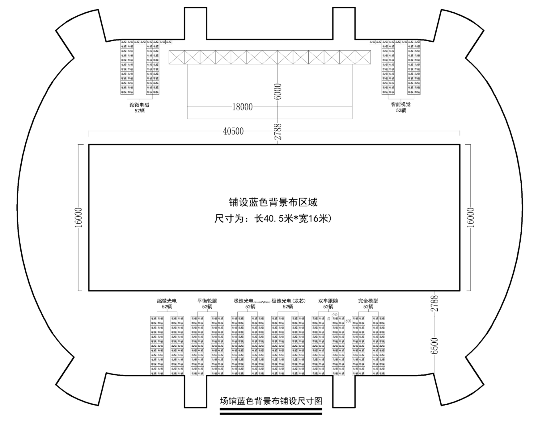 ▲ 图1.2.1 场馆蓝色背景不铺设尺寸图