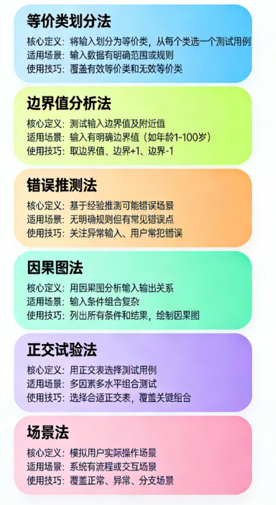 【配图建议：6大用例设计方法卡片图，每个方法一张卡片，标注核心定义、适用场景、使用技巧，清晰好记】