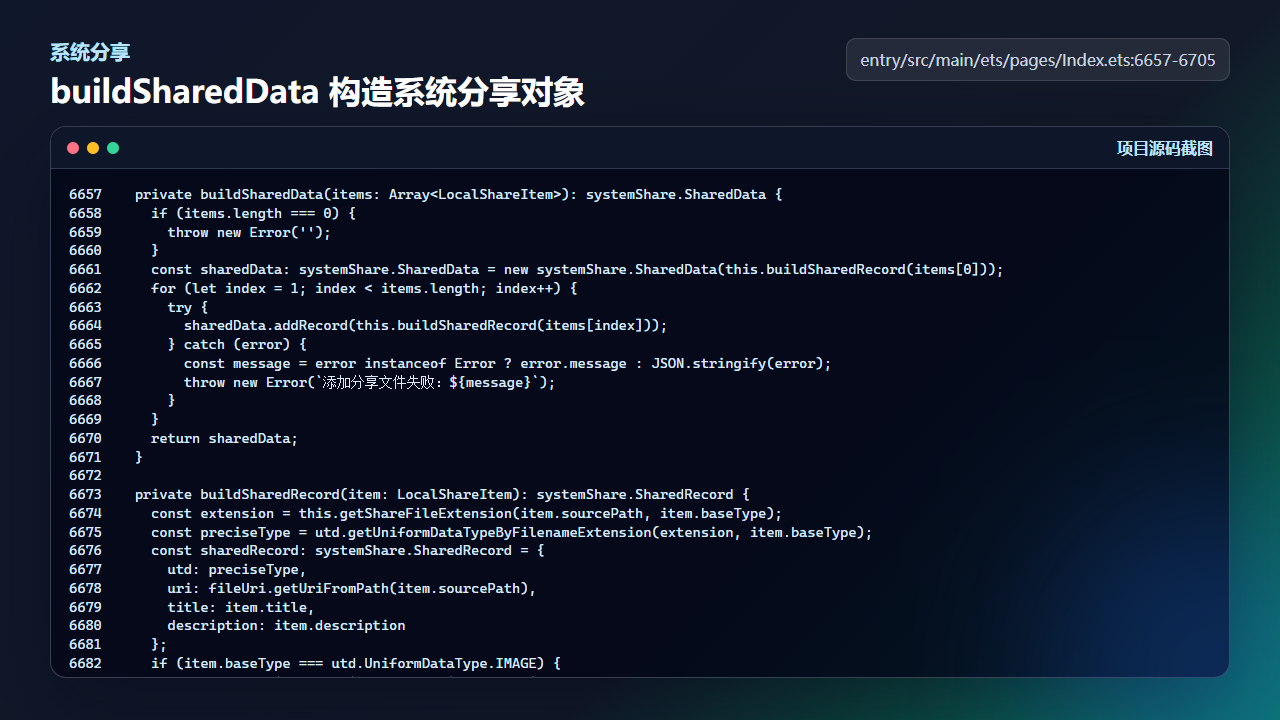 系统分享前先构造受控 SharedData,避免泄露内部路径