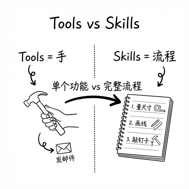 Tools vs Skills：Tools 是单点能力，Skills 是可复用流程