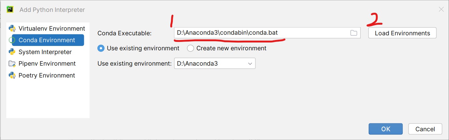 添加conda解释器时，要加载conda.bat，然后就会出现已经存在的conda环境列表