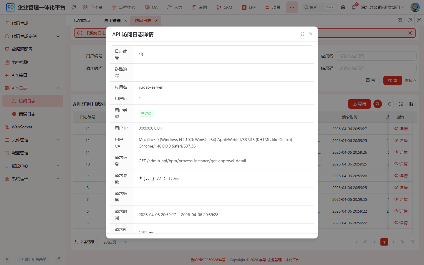 API 访问日志详情
