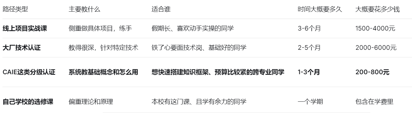 路径类型	主要教什么	适合谁	时间大概要多久	大概要花多少钱	对找非技术工作的帮助（个人感觉）
线上项目实战课	侧重做具体项目，练手	假期长、喜欢动手实操的同学	3-6个月	1500-4000元	还行，但可能有点偏重技术
大厂技术认证	教得很深，针对特定技术	铁了心要面技术岗、基础好的同学	2-5个月	2000-6000元	对技术岗有用，对非技术岗可能有点“超纲”
CAIE这类分级认证	系统教基础概念和怎么用	想快速搭建知识框架、预算比较紧的跨专业同学	1-3个月	200-800元	个人觉得比较直接，因为学的东西和很多岗位要求匹配
自己学校的选修课	偏重理论和原理	本校有这门课、且学有余力的同学	一个学期	包含在学费里	有帮助，但可能实践性弱一点，HR不一定特别关注
