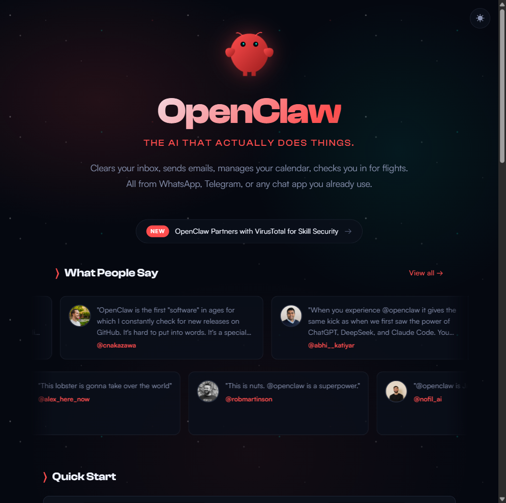 OpenClaw 官网首页截图