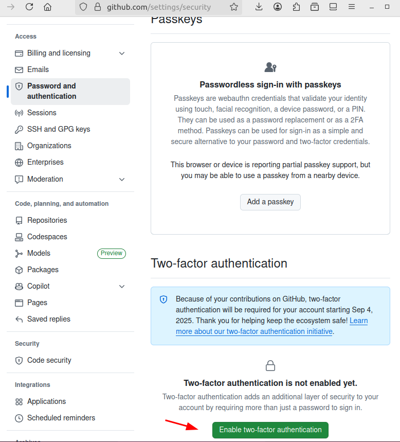 github.com 2FA 双重身份认证：2025年9月4日之后，网站登录被要求使用