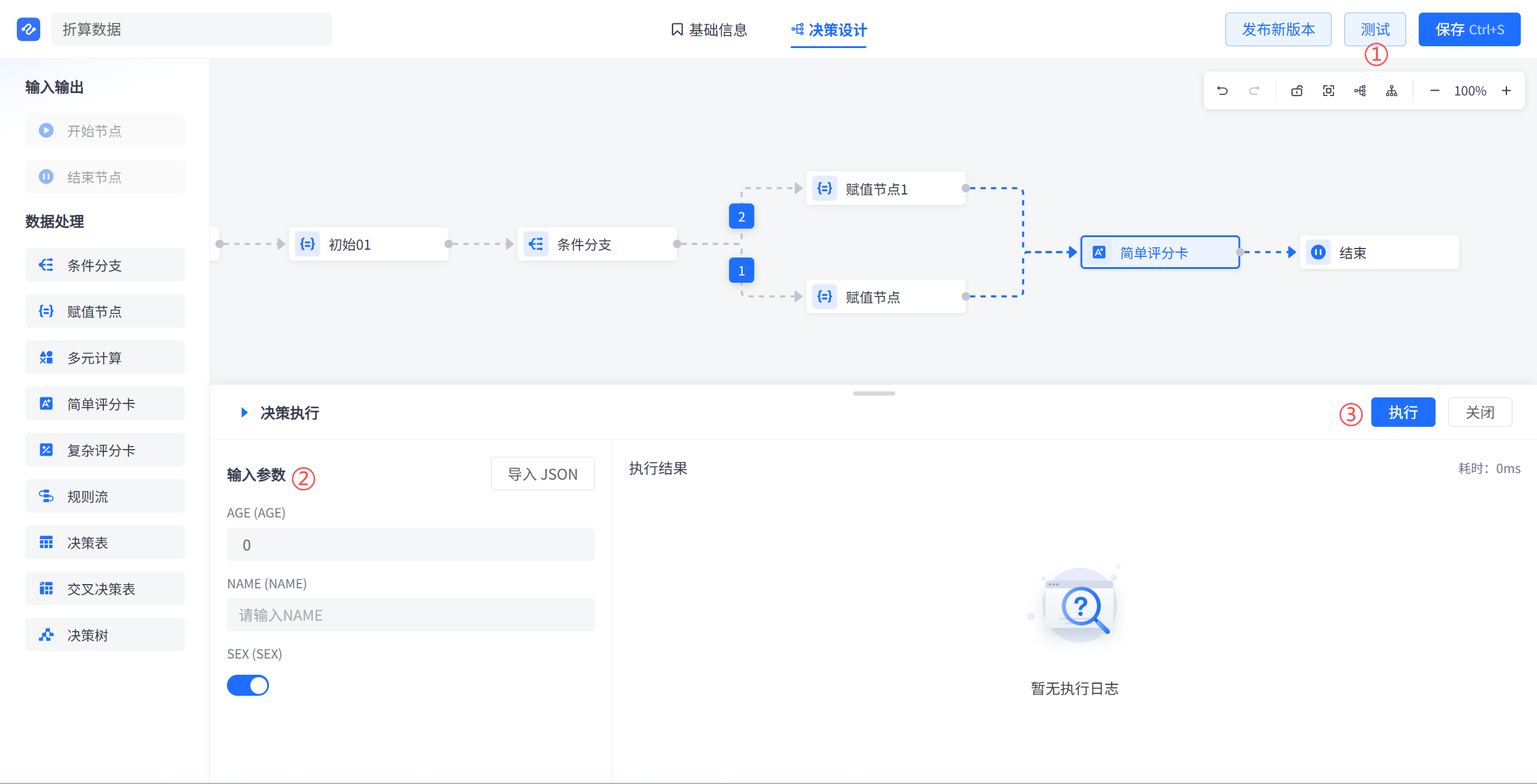决策流设计界面，包含节点连接图、输入参数设置和执行结果区域，显示初始节点、条件分支、赋值节点和评分卡等组件