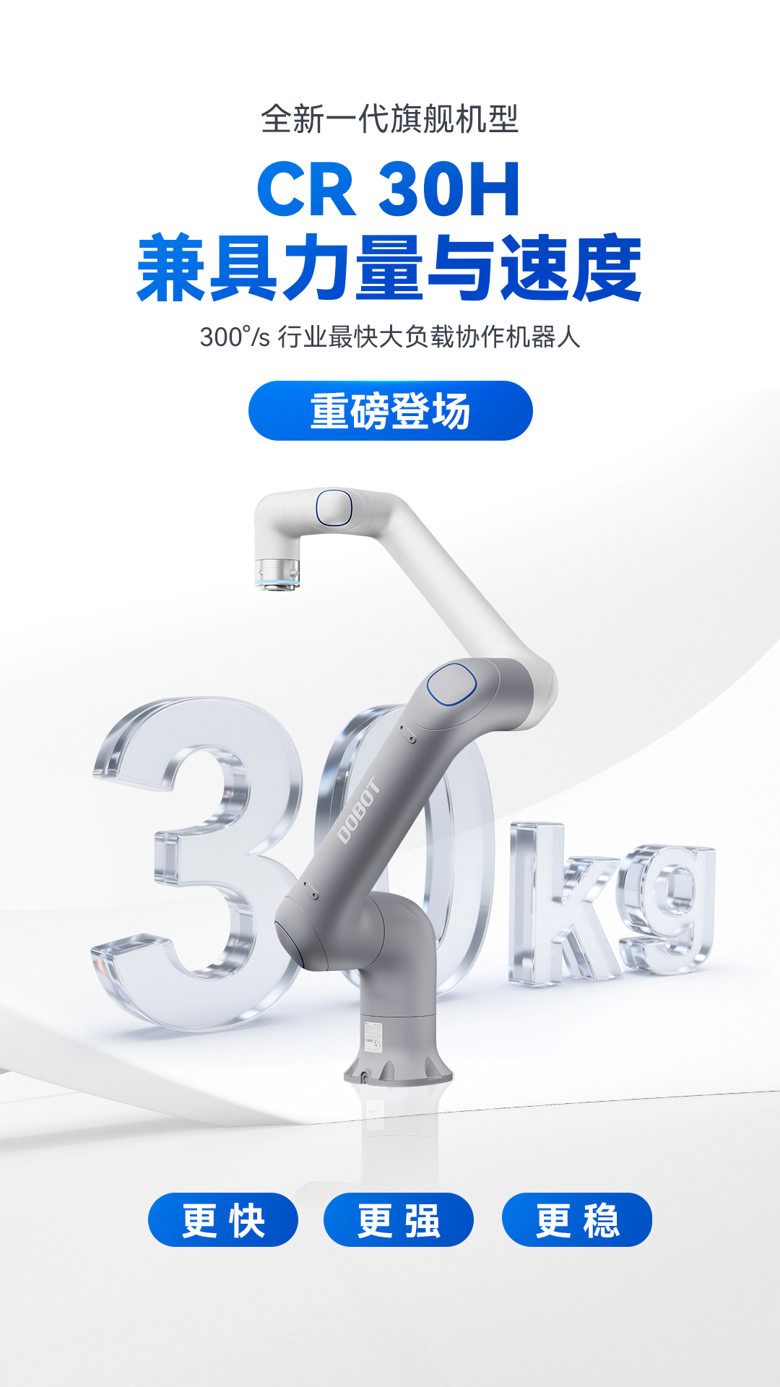 越疆CR30H大负载协作机器人，30kg负载与300°/s关节速度兼得，主打更快、更强、更稳