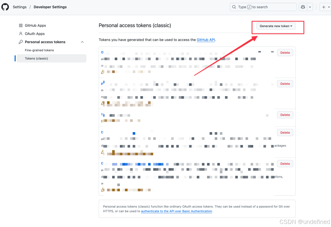 GitHub Token设置页