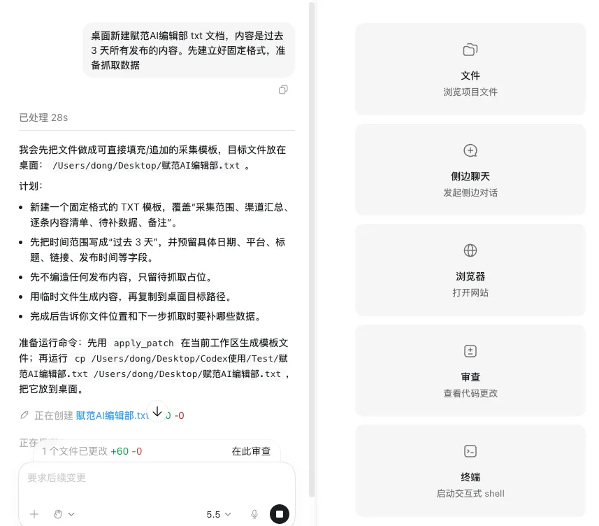 Codex App 审查面板——右侧边栏显示「审查」入口及变更统计