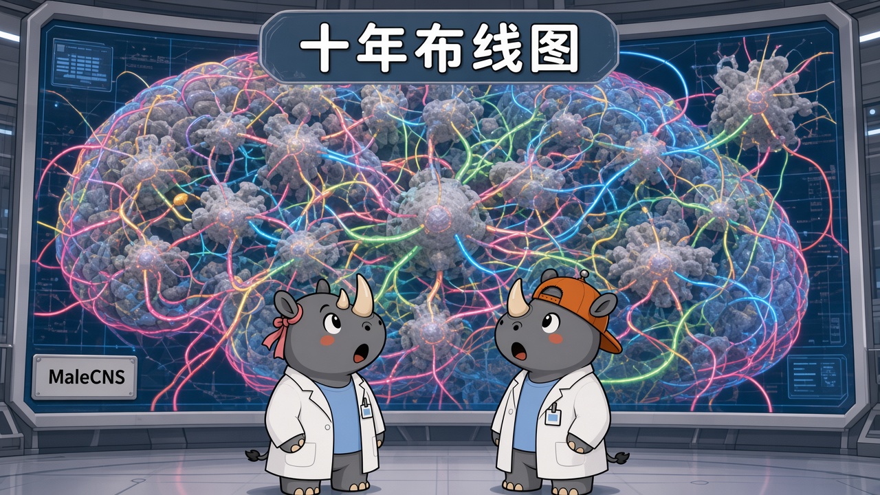 实验室里，女科研犀牛捏着活果蝇瓶子，橙帽犀牛指着笔记本上的果蝇脑和对话框问这算变身吗