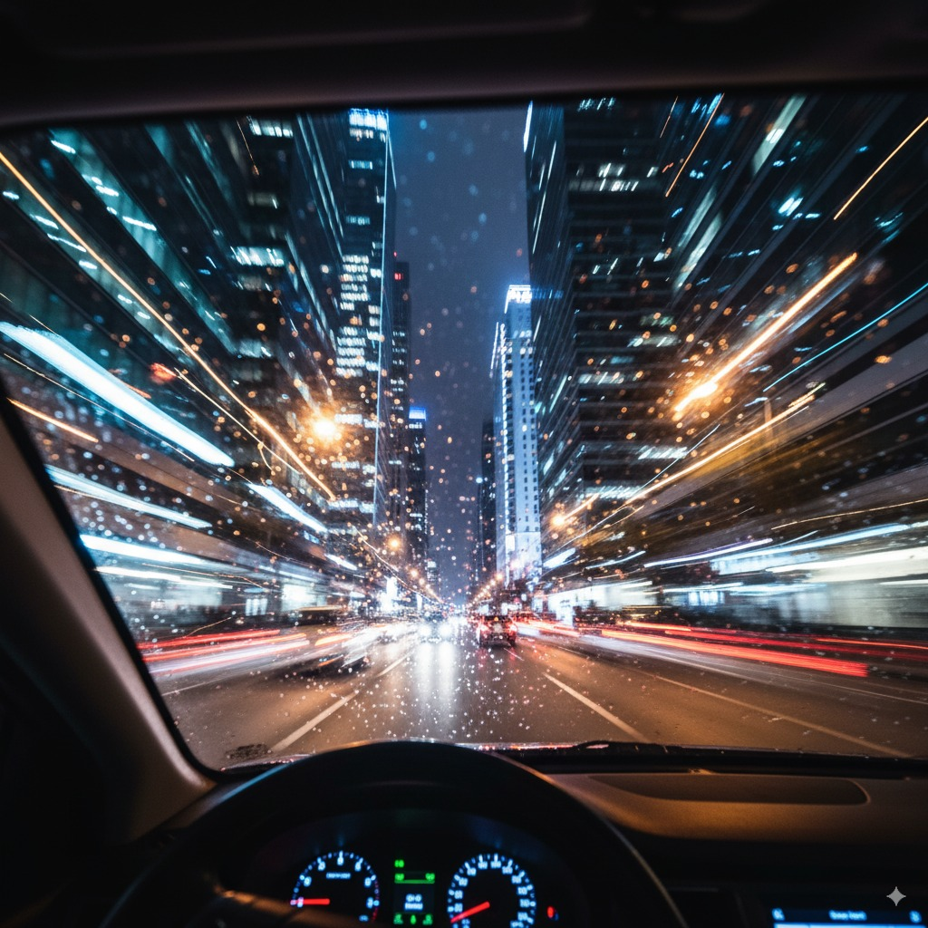 A photo of a city with skyscrapers from the inside of a car with motion blur and dramatic lighting. The camera angle is a low angle shot.