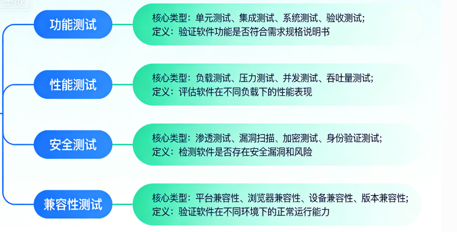 【配图建议：软件测试分类思维导图可视化图，按4大划分维度分支展开，每个分支标注核心测试类型和定义，结构清晰，一目了然】