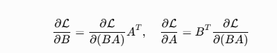 [
\frac{\partial \mathcal{L}}{\partial B} = \frac{\partial \mathcal{L}}{\partial (BA)} A^T, \quad \frac{\partial \mathcal{L}}{\partial A} = B^T \frac{\partial \mathcal{L}}{\partial (BA)}
]