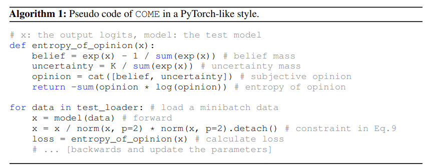 Pseudo code of COME in a PyTorch-like style.