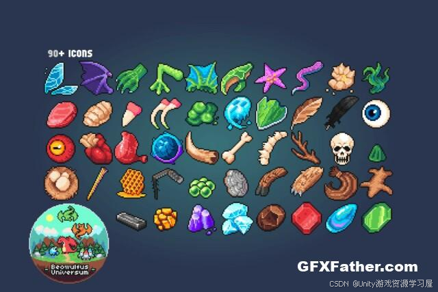 【Unity怪物掉落物品图标资源包】RPG Monster Loot Icons 包含了超过100个不同的怪物掉落物品图标，涵盖了各种类型的 ...