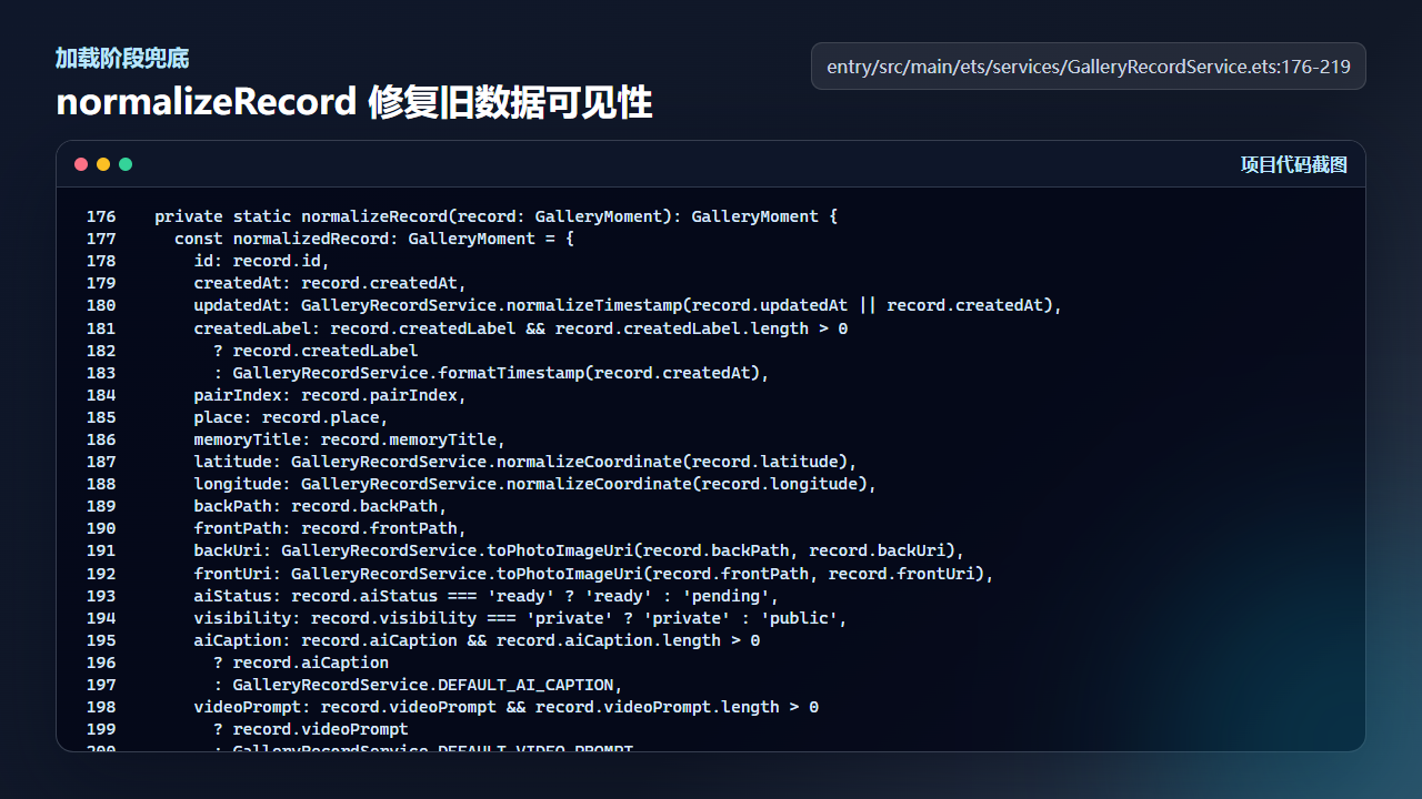 normalizeRecord 把缺失或异常 visibility 回退为 public