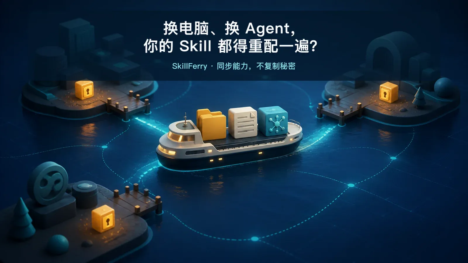 一艘数字渡船把 Skill、规则和 MCP 模块带往不同 Agent 环境，而凭据锁盒留在各自机器上