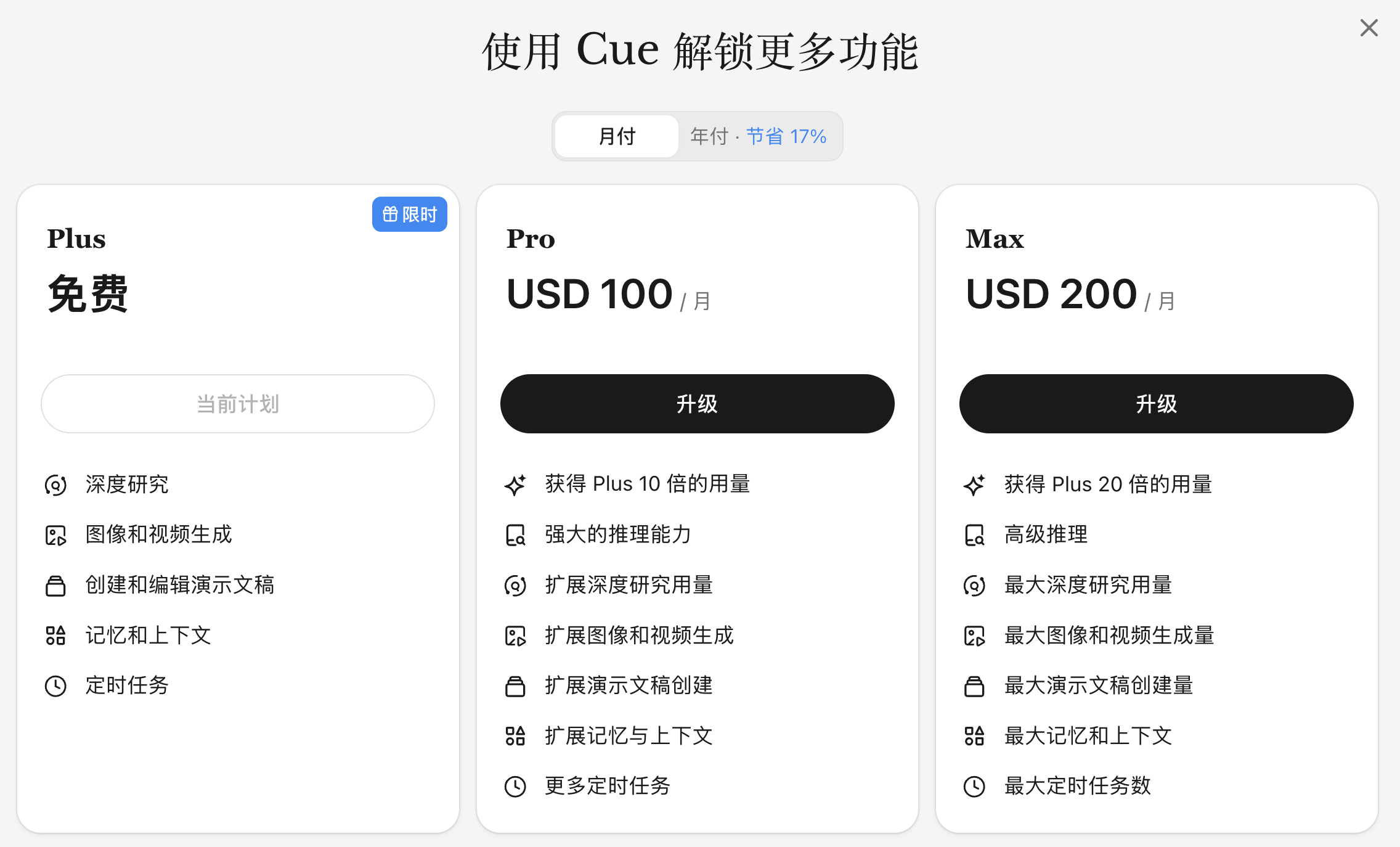 
▲ 图:Cue 的套餐价格页面
它也像大多数的 Agent 的产品一样,会有一个周额度的概念,每周会重置一次。
