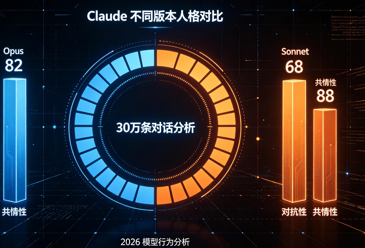 📸【配图文案】一张展示Claude不同版本人格对比的数据可视化图，黑色赛博朋克背景，蓝色和橙色光柱分别代表Opus和Sonnet的对抗性与共情性数据，中央有30万条对话的环形统计图，现代科技感十足。