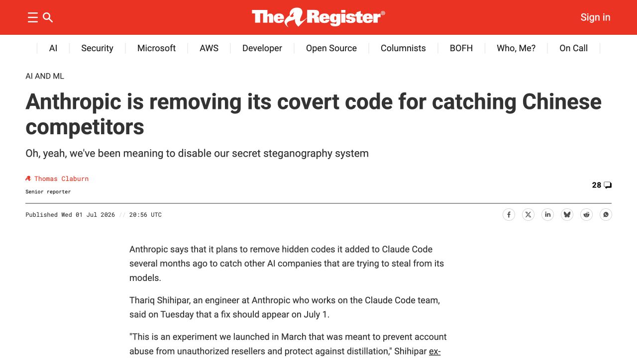 The Register 对 Anthropic 回应的报道截图