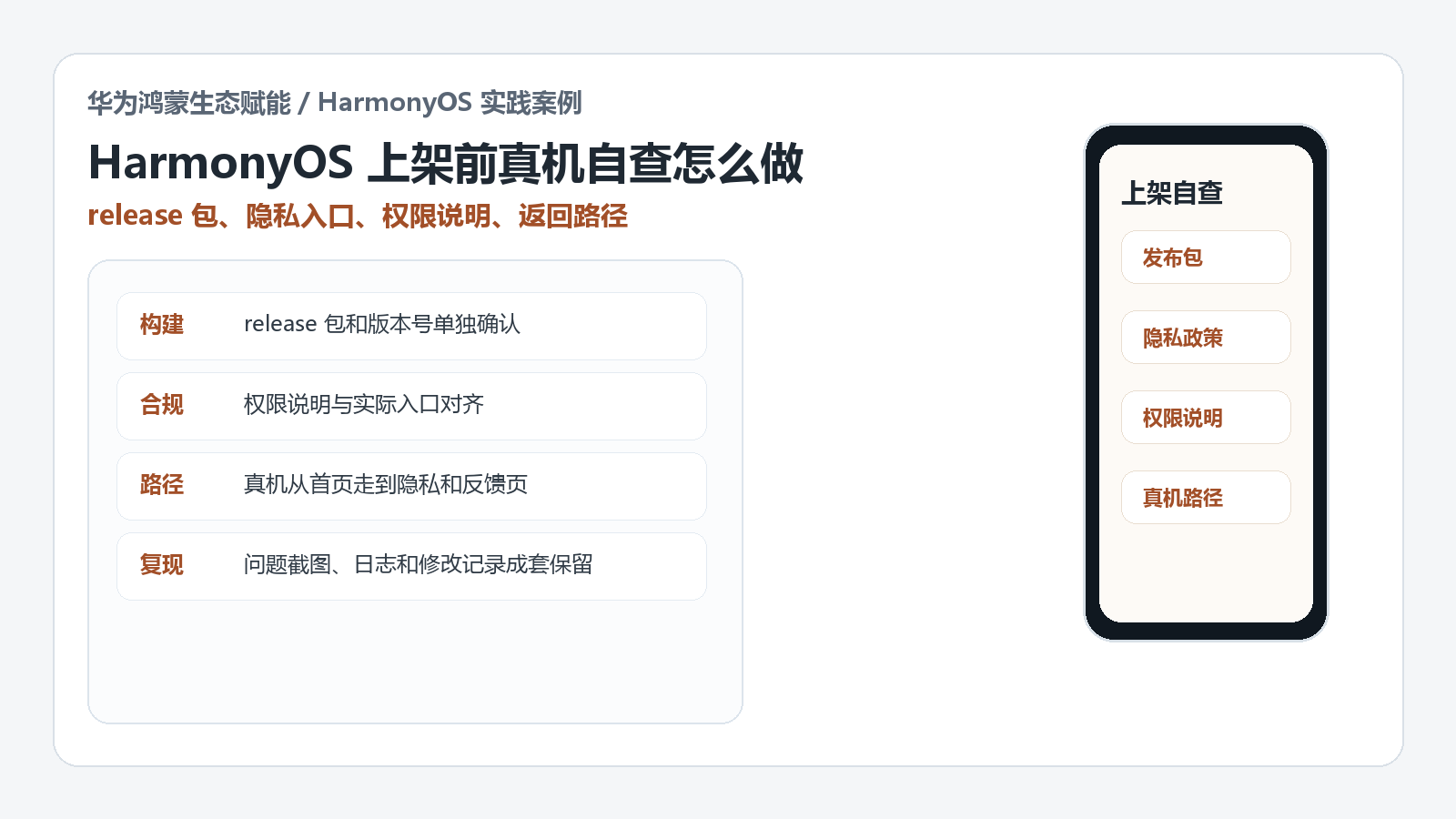 HarmonyOS AppGallery Connect 上架前自查漏项怎么办:中式美食 release 包、隐私入口和权限说明怎么对齐