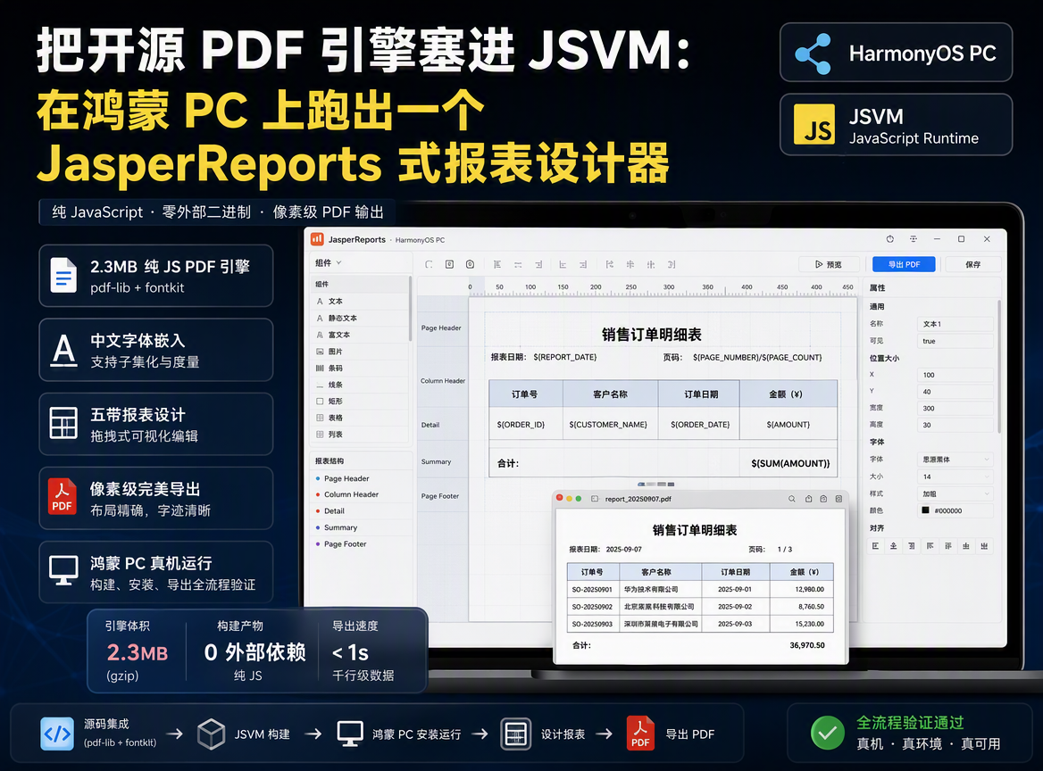 这就是我们给自己定的目标：一个 HAP 完全自包含、不依赖任何外部运行时、能在鸿蒙 PC 真机上完整设计并导出中文 PDF 报表的应用。