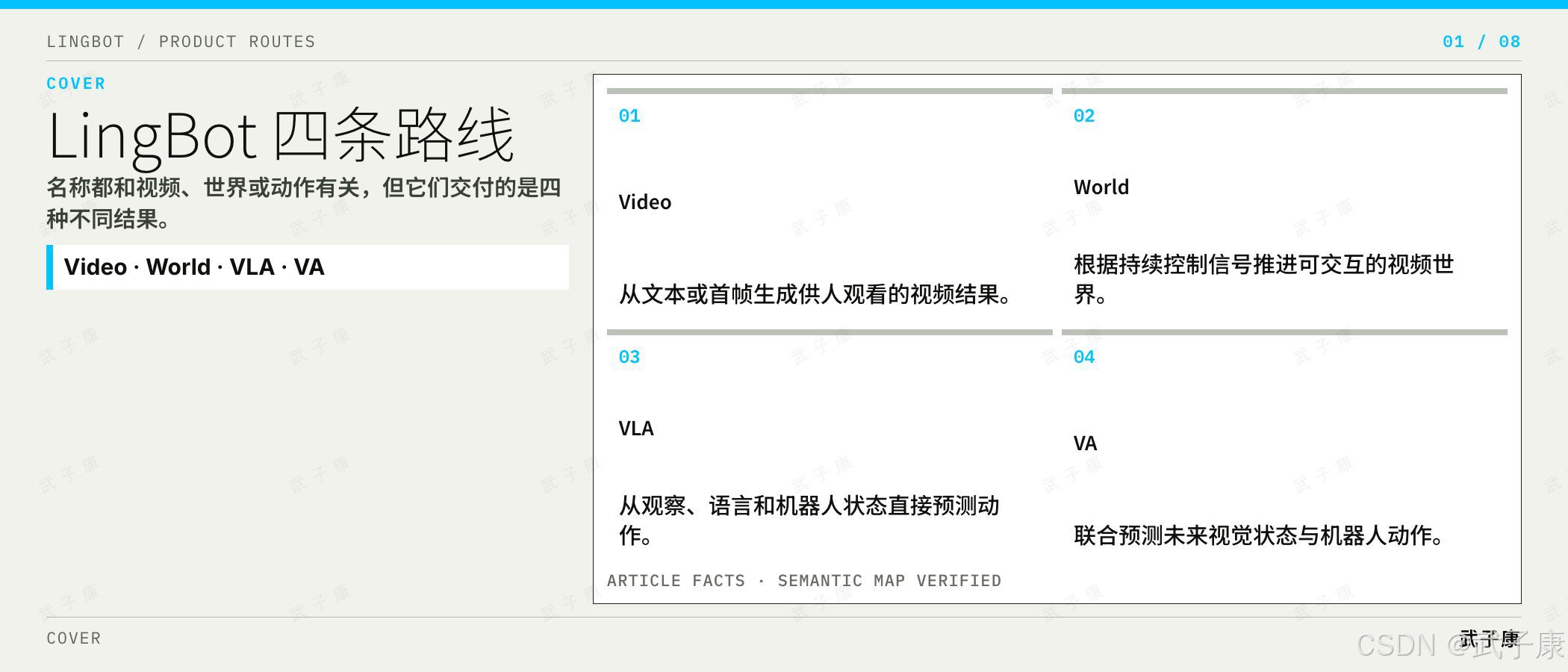 封面 LingBot 四条路线：Video / World / VLA / VA 四种最终输出
