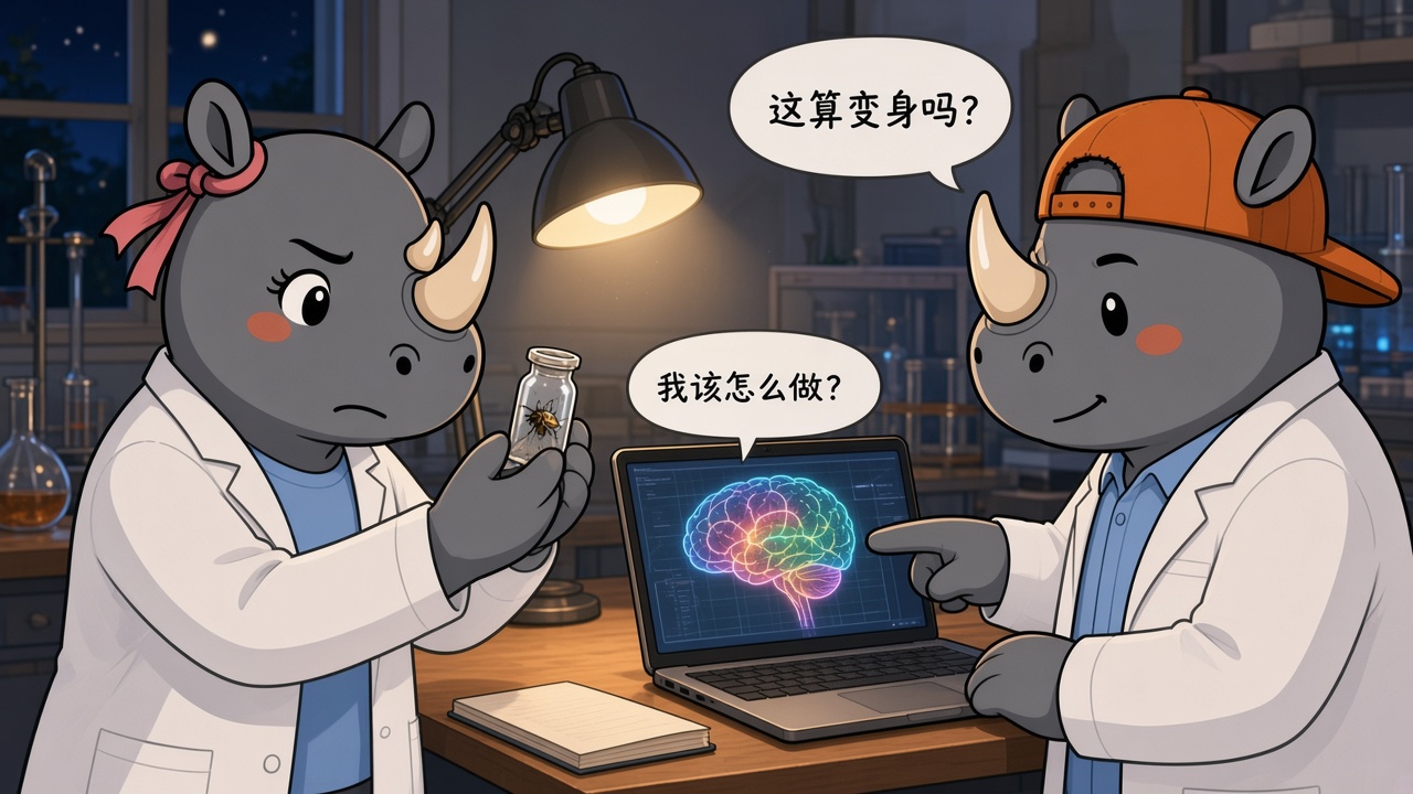 两只科研犀牛站在巨大的果蝇脑连接组地图前