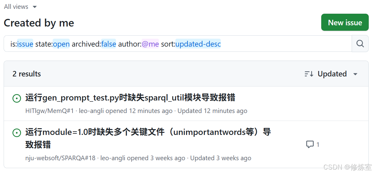 切换到“Created by me”筛选自己提交的Issues