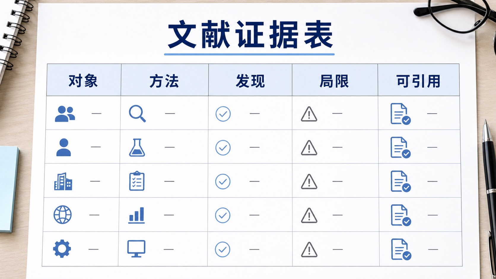这张表适合文献阅读时使用，把每篇论文的对象、方法、证据和可疑点放在同一张表里，避免只留下摘要印象。