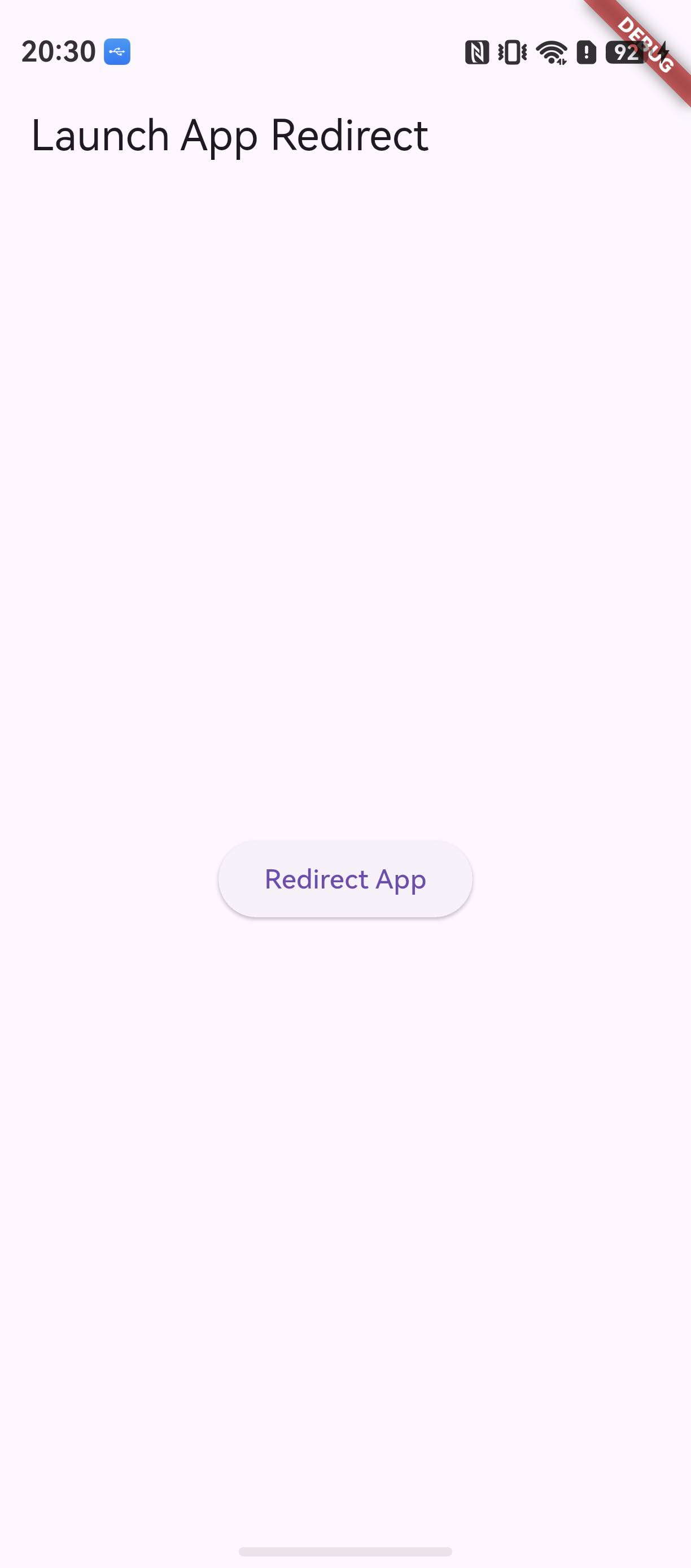 运行效果 1：demo 启动后的主界面——AppBar 标题 Launch App Redirect，中央 Redirect App 按钮（HUAWEI nova 12 Ultra 真机， 设备侧实拍