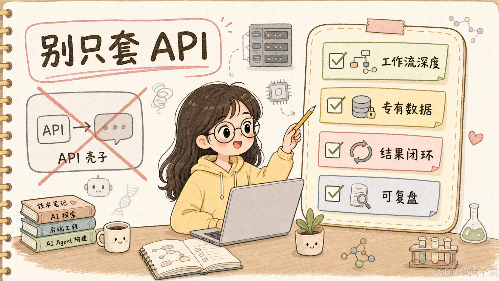 手绘「别只套 API」：左侧叉掉的「API → API 壳子」+ 右侧四象限清单：工作流深度 / 专有数据 / 结果闭环 / 可复盘